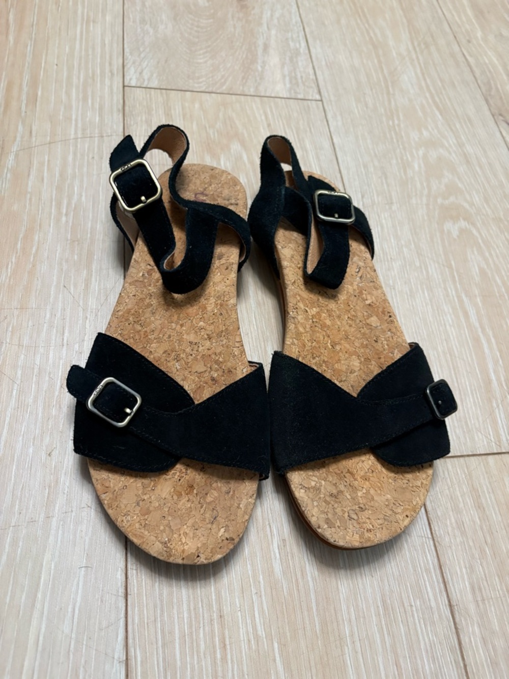 UGG Black Suede Cork Footbed Buckle Strap Sandals